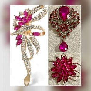 Statement Pink Rhinestone Brooch Bundle • Floral & Art Deco • 3 Pc Set